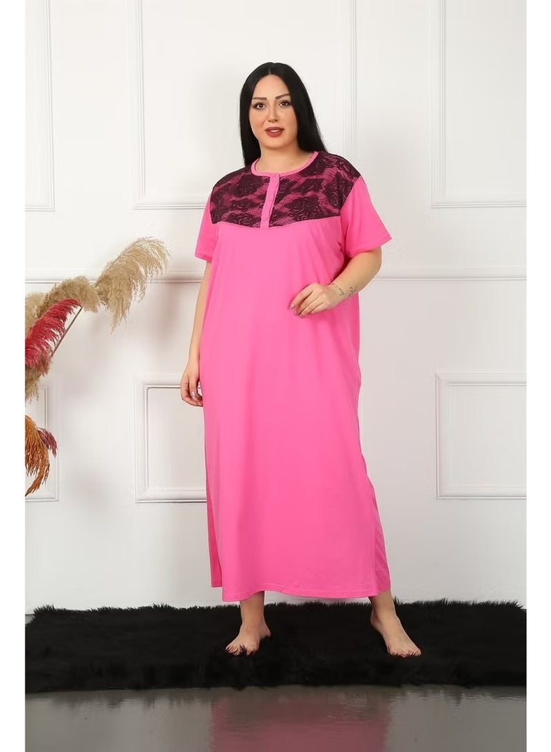 Akbeniz Big Lace Short Sleeve Fuchsia Mother Nightgown 1348 - Image 3